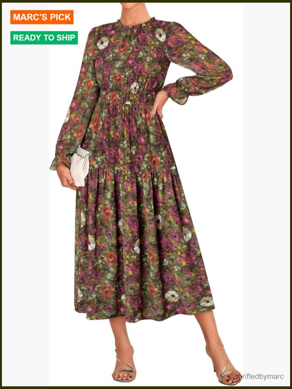 Women's Long Sleeve Chiffon Maxi Dress With Pockets Flowy